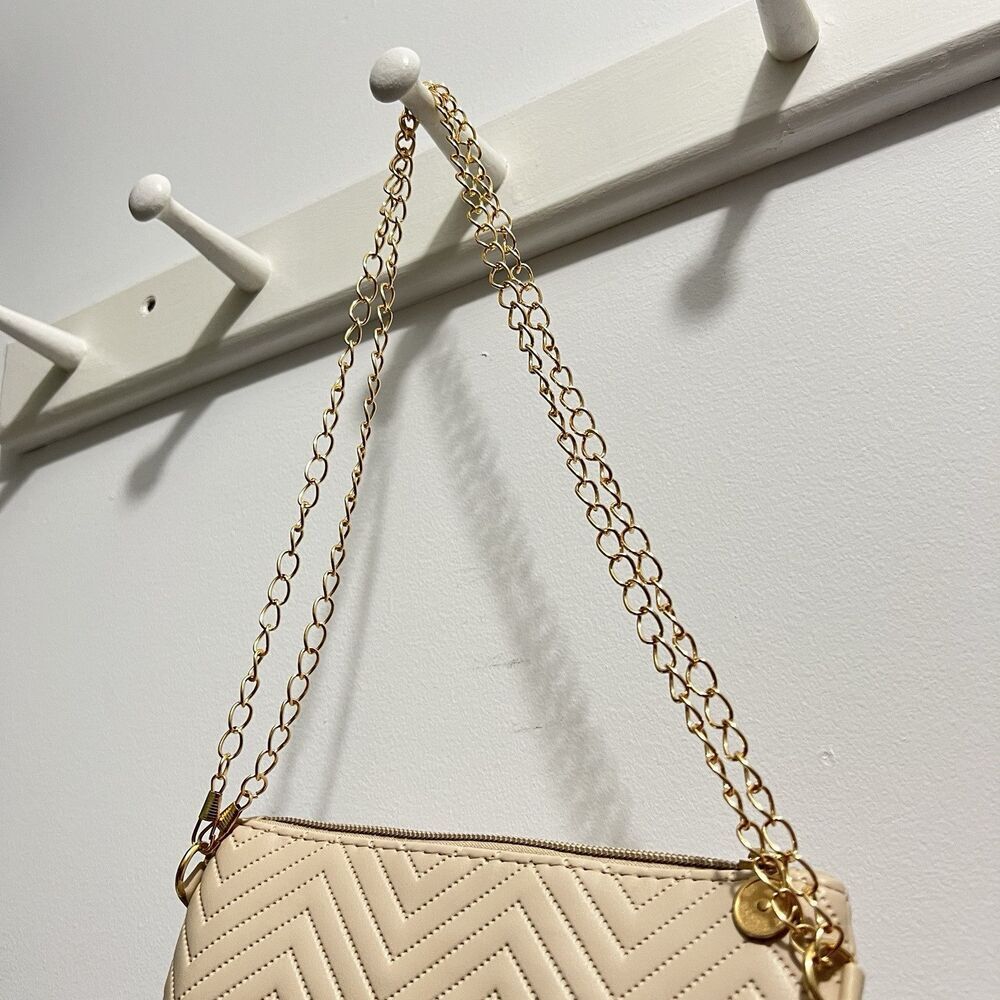 7.5”x6” Beige Tan Leather Purse‎ Clutch Shoulder Cross Body Bag gold chain strap - Picture 7 of 7